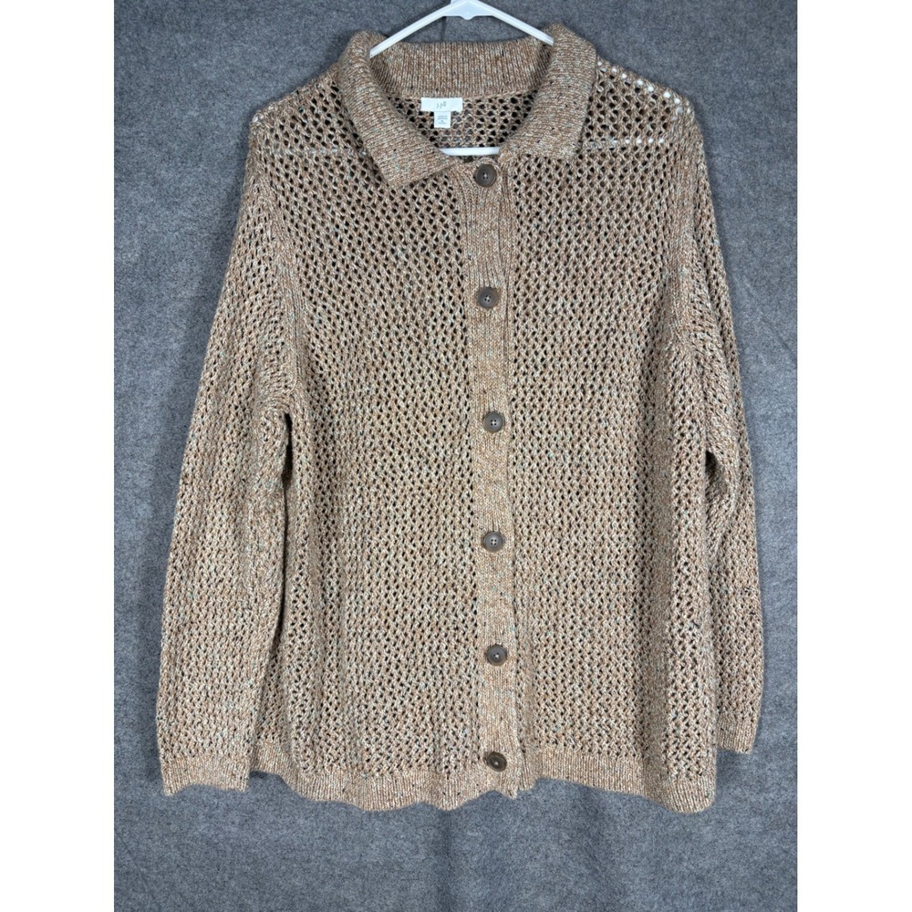 J. Jill Womens XL Petite Tan Marl Open Knit Button Front Cardigan Sweater XL P